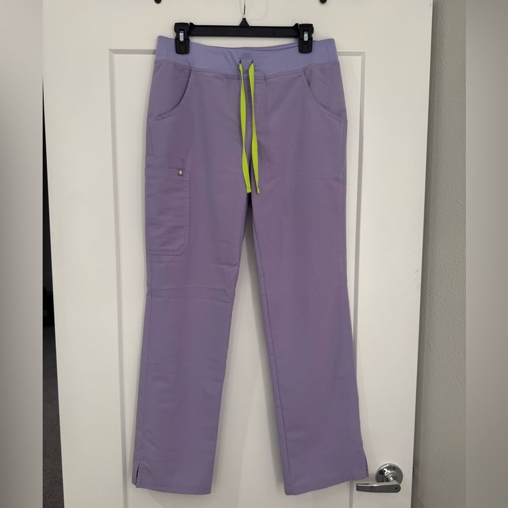 Figs Kade Scrubs Pants - Lavender Dew with Neon Green Drawstring